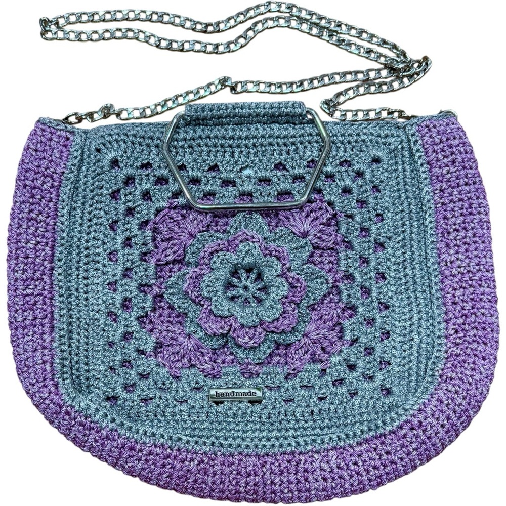 Artisan‎ Handmade Boho Crochet Granny Square Bag with Metal Handles & Chain